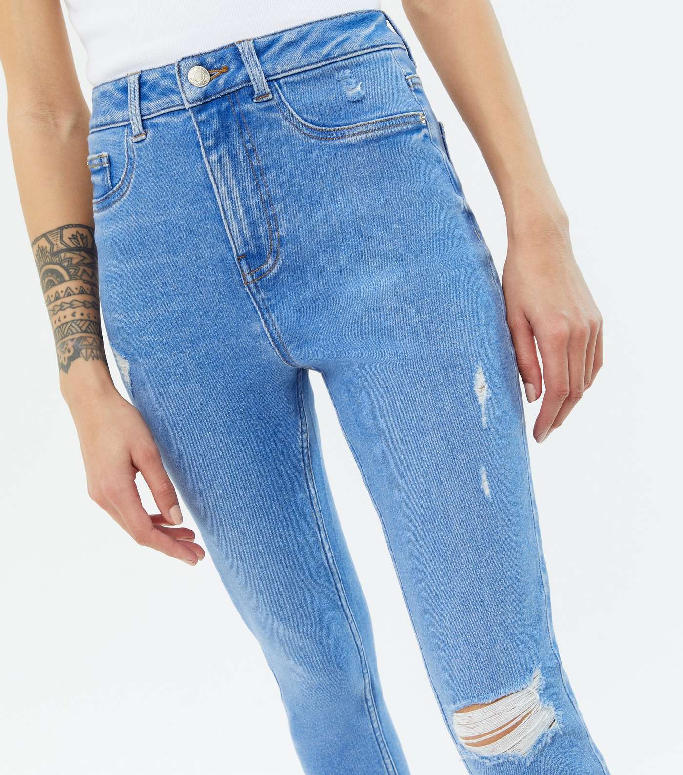 Petite Bright Blue Ripped High Waist Hallie Super Skinny Jeans Image 3