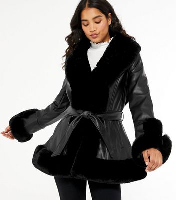 Cameo Rose Leather Look Faux Fur Trim, Black Faux Fur Trim Belted Short Coat