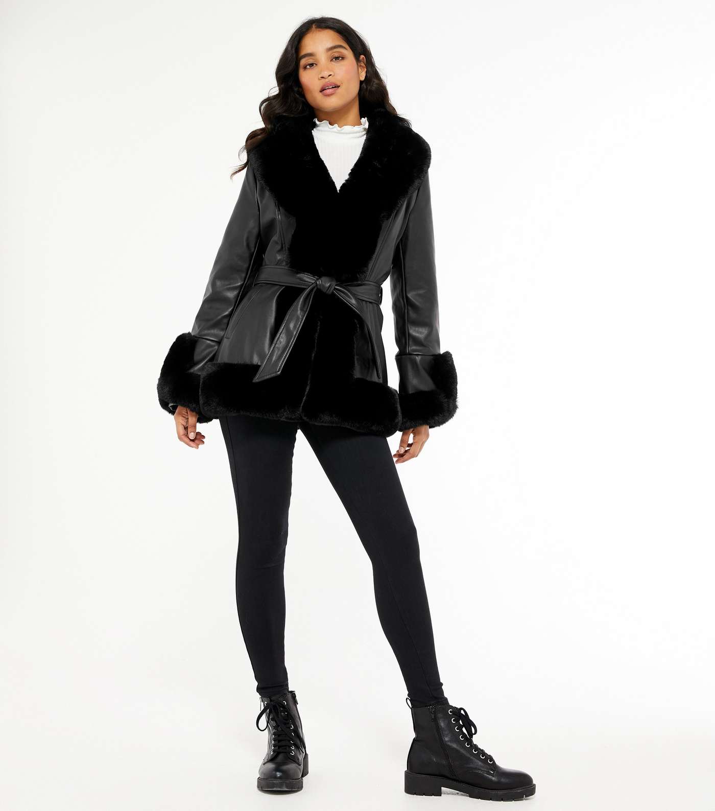 Cameo Rose Leather-Look Faux Fur Trim Belted Jacket Image 2
