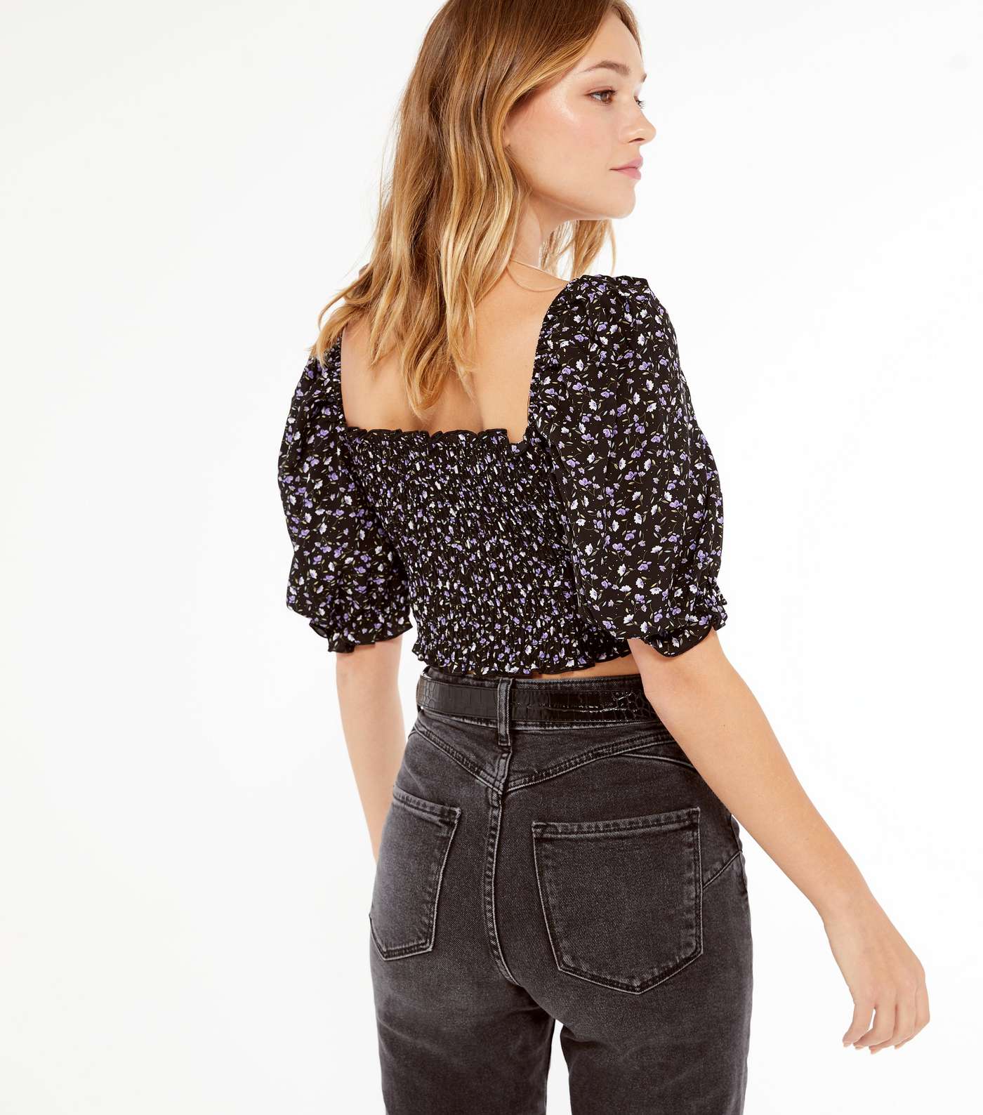 Urban Bliss Black Floral Shirred Puff Sleeve Crop Top Image 3
