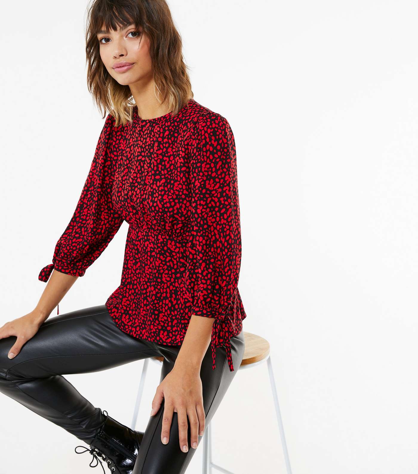 Red Abstract Spot Tie Sleeve Blouse 