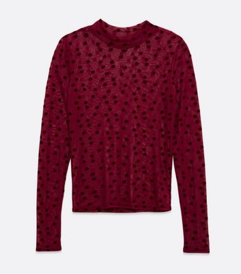 Image of Burgundy Velvet Spot Mesh High Neck Top New Look