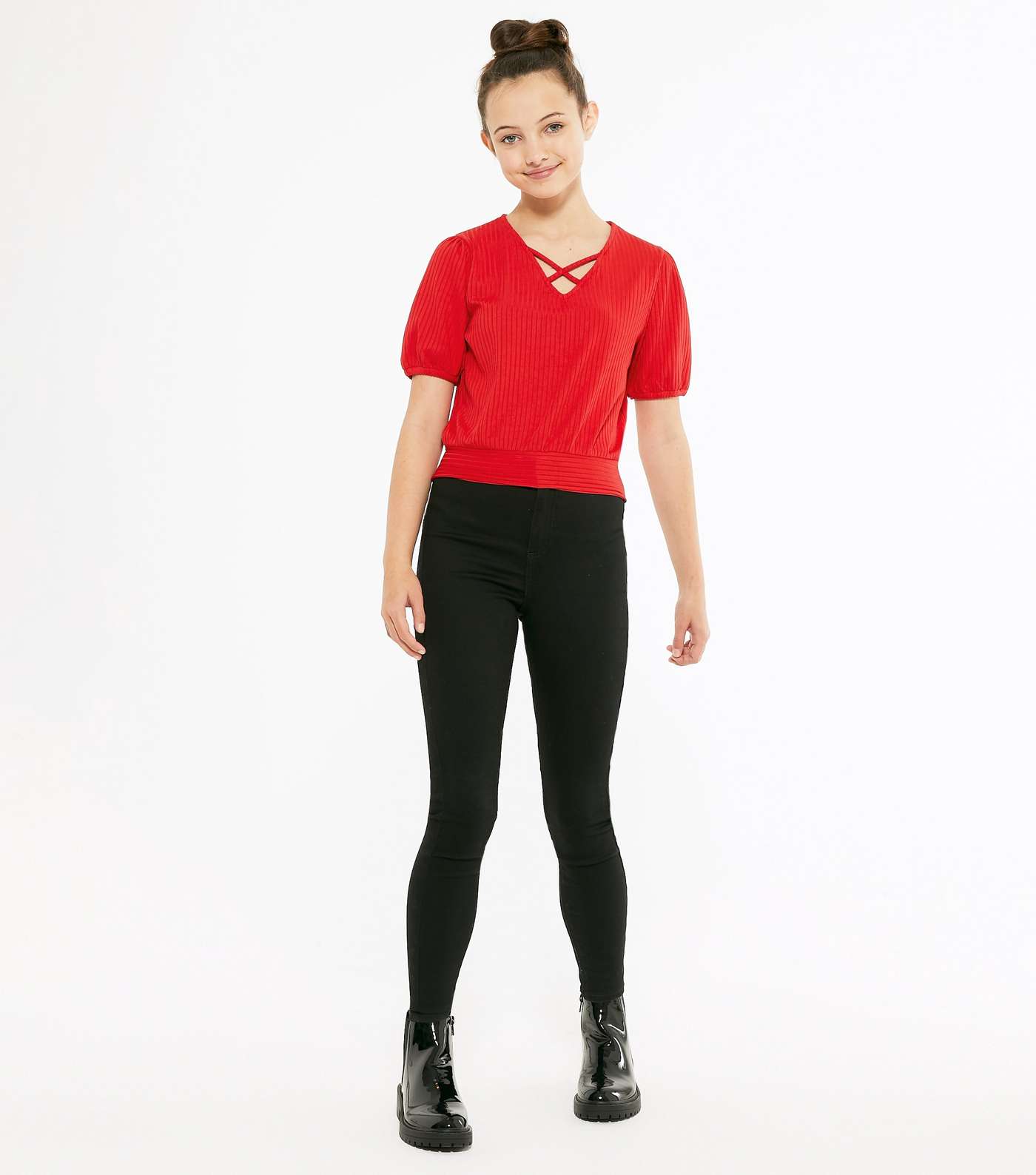 Girls Red Ribbed Lattice Puff Sleeve Top Image 2