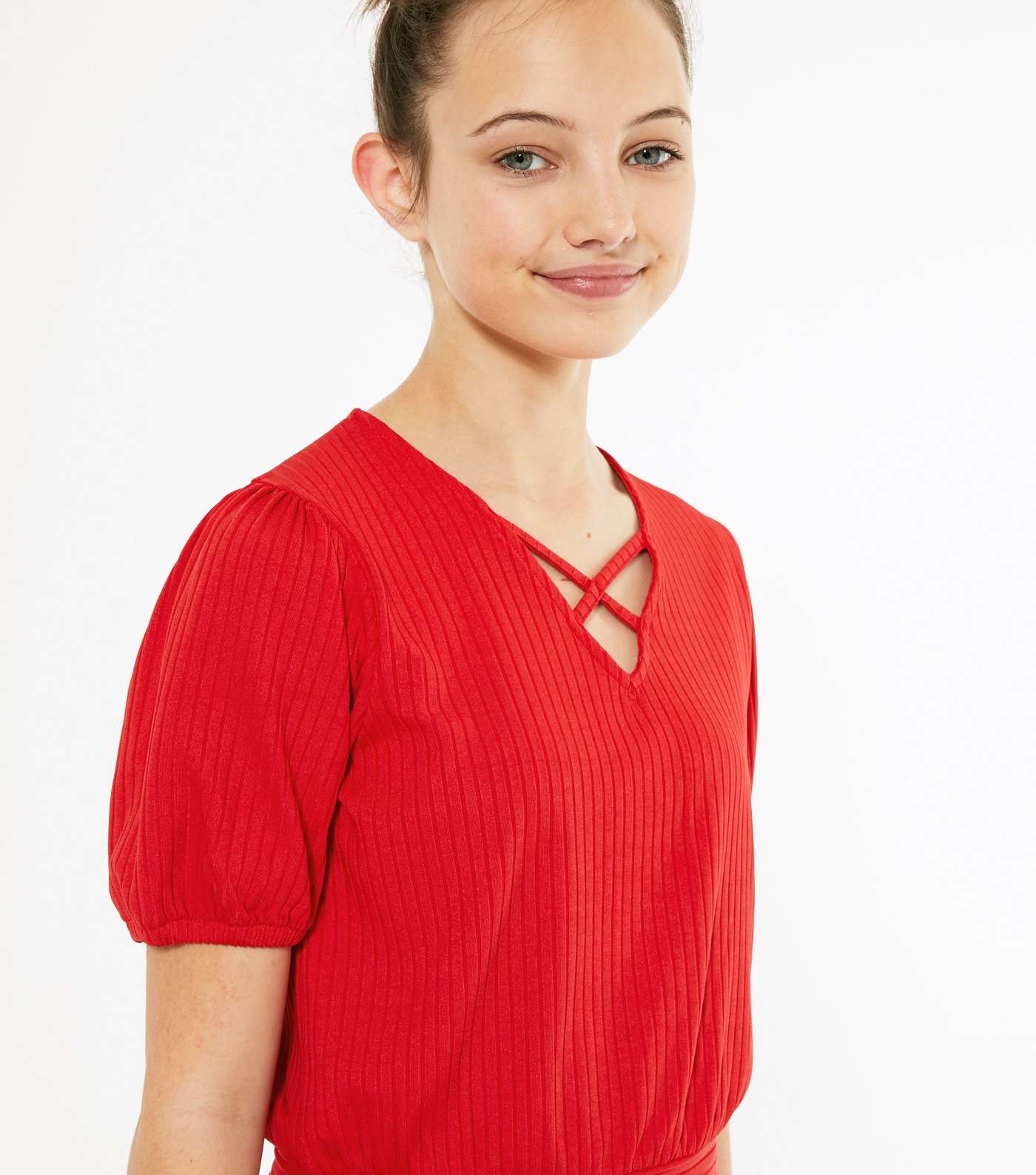 Girls Red Ribbed Lattice Puff Sleeve Top Image 4