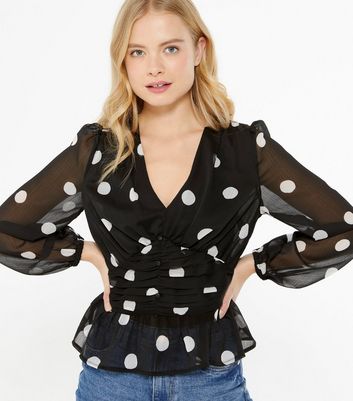 Black Spot Ruched Front Blouse | New Look