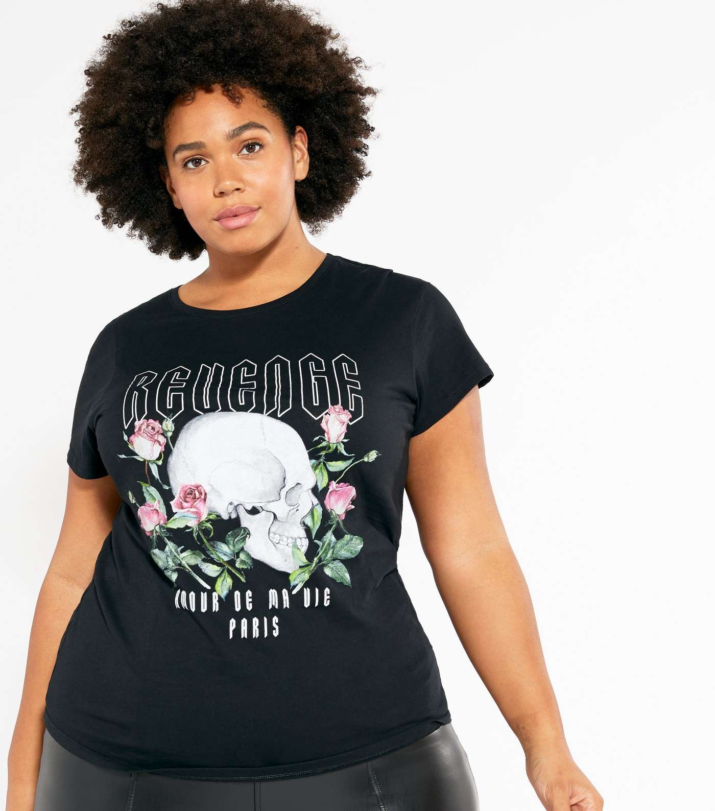 Curves Black Floral Skull Revenge Slogan T-Shirt