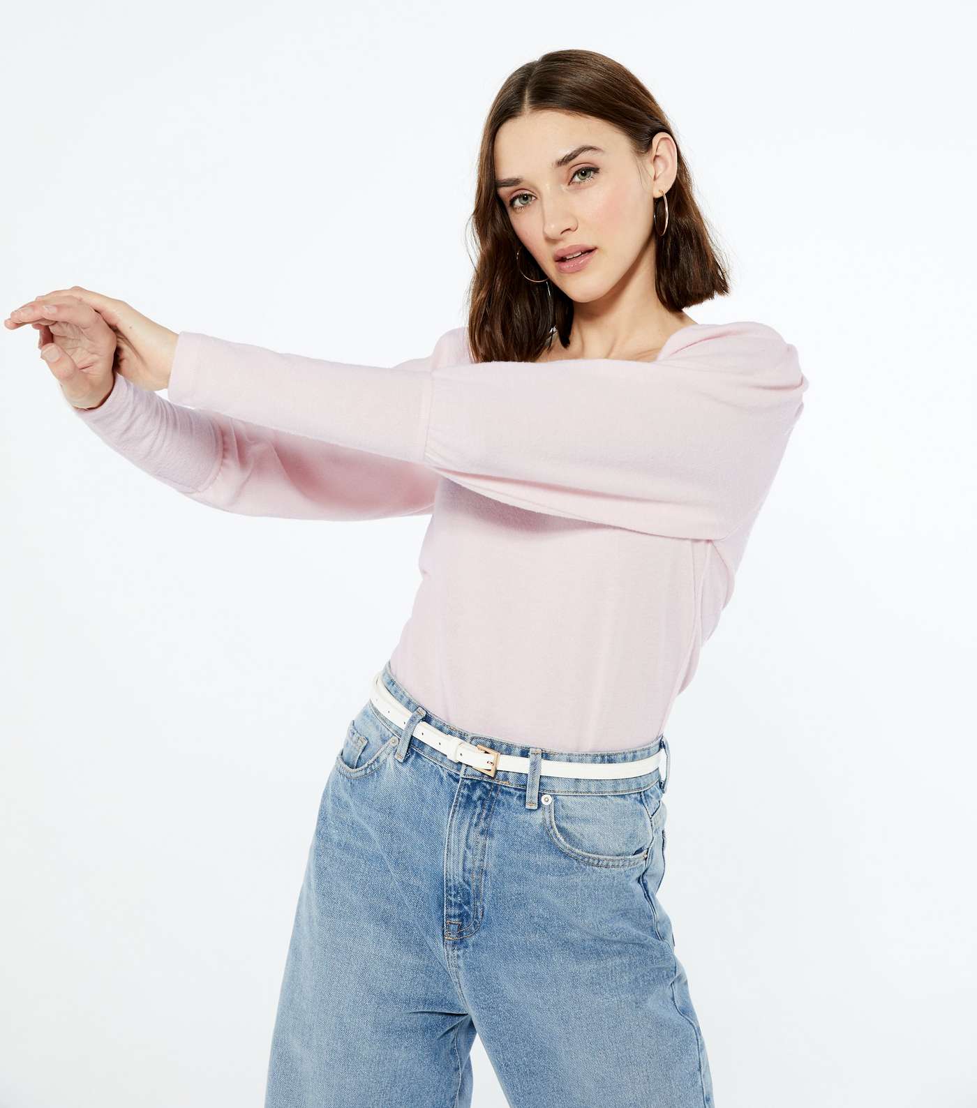 Mid Pink Fine Knit Square Neck Puff Sleeve Jumper 