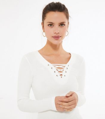 Off White Ribbed Lace Up Long Sleeve Top New Look