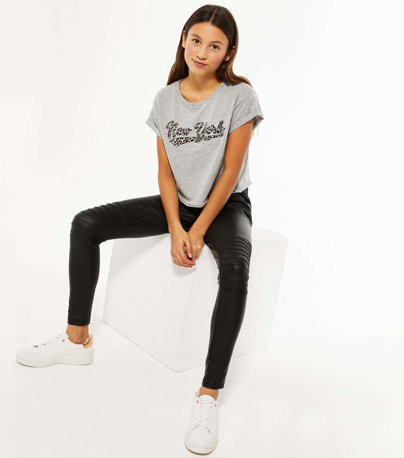 Girls Grey New York Leopard Print Logo T-Shirt Image 2