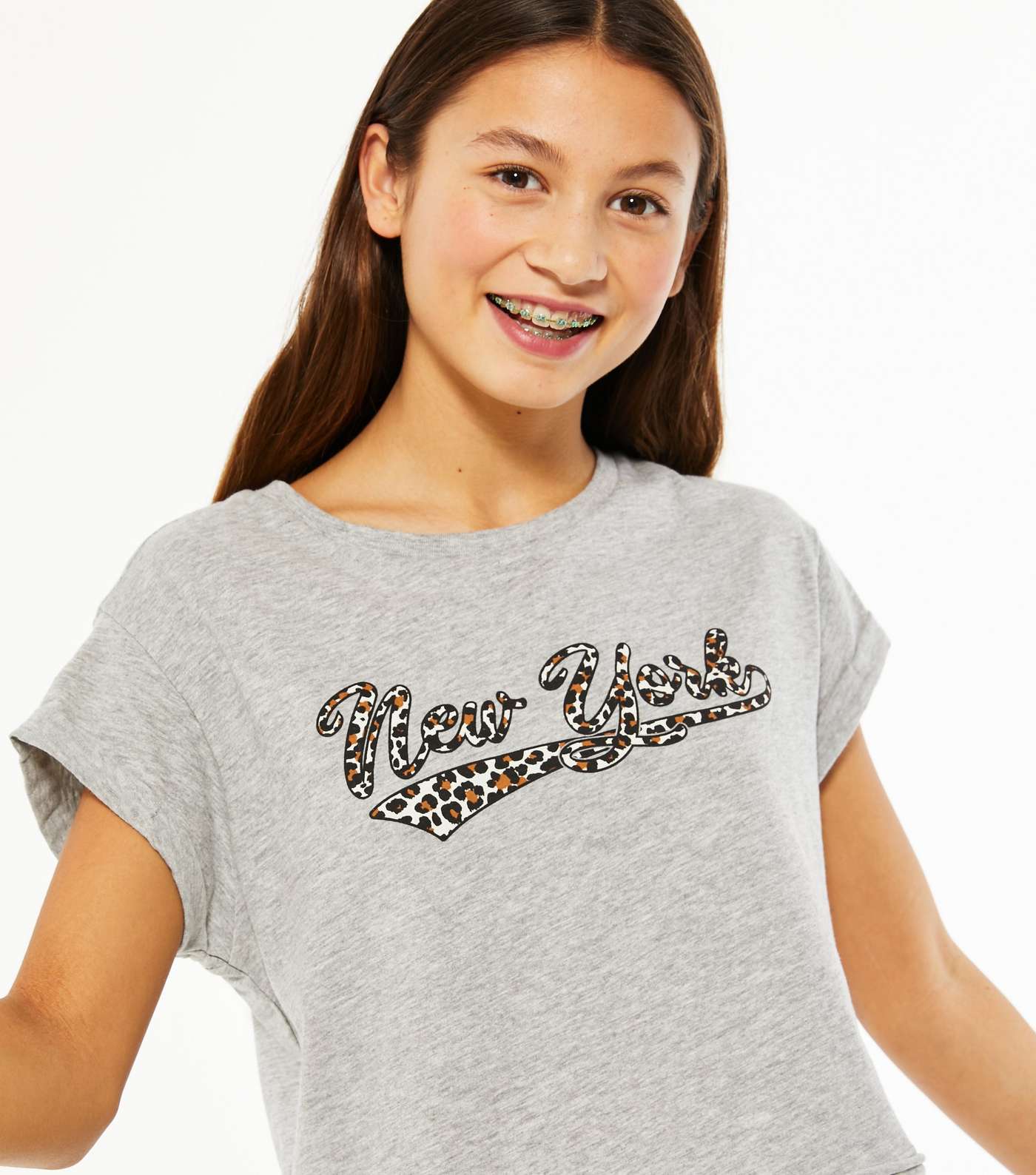 Girls Grey New York Leopard Print Logo T-Shirt Image 4