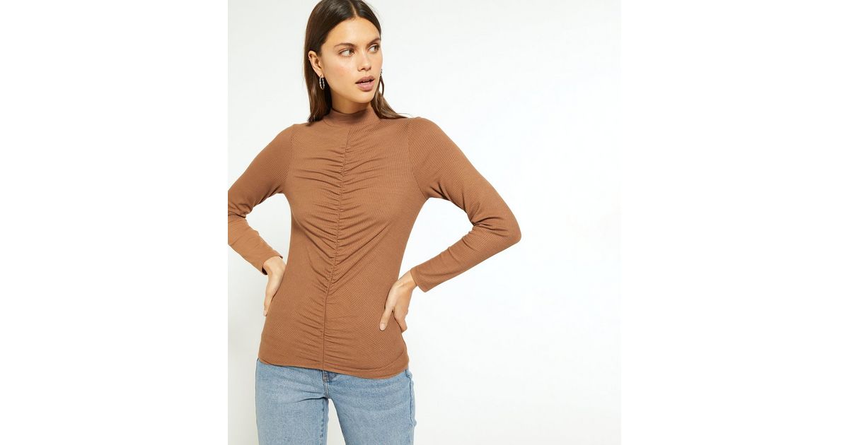Rust Ribbed Ruched Front High Neck Top | New Look