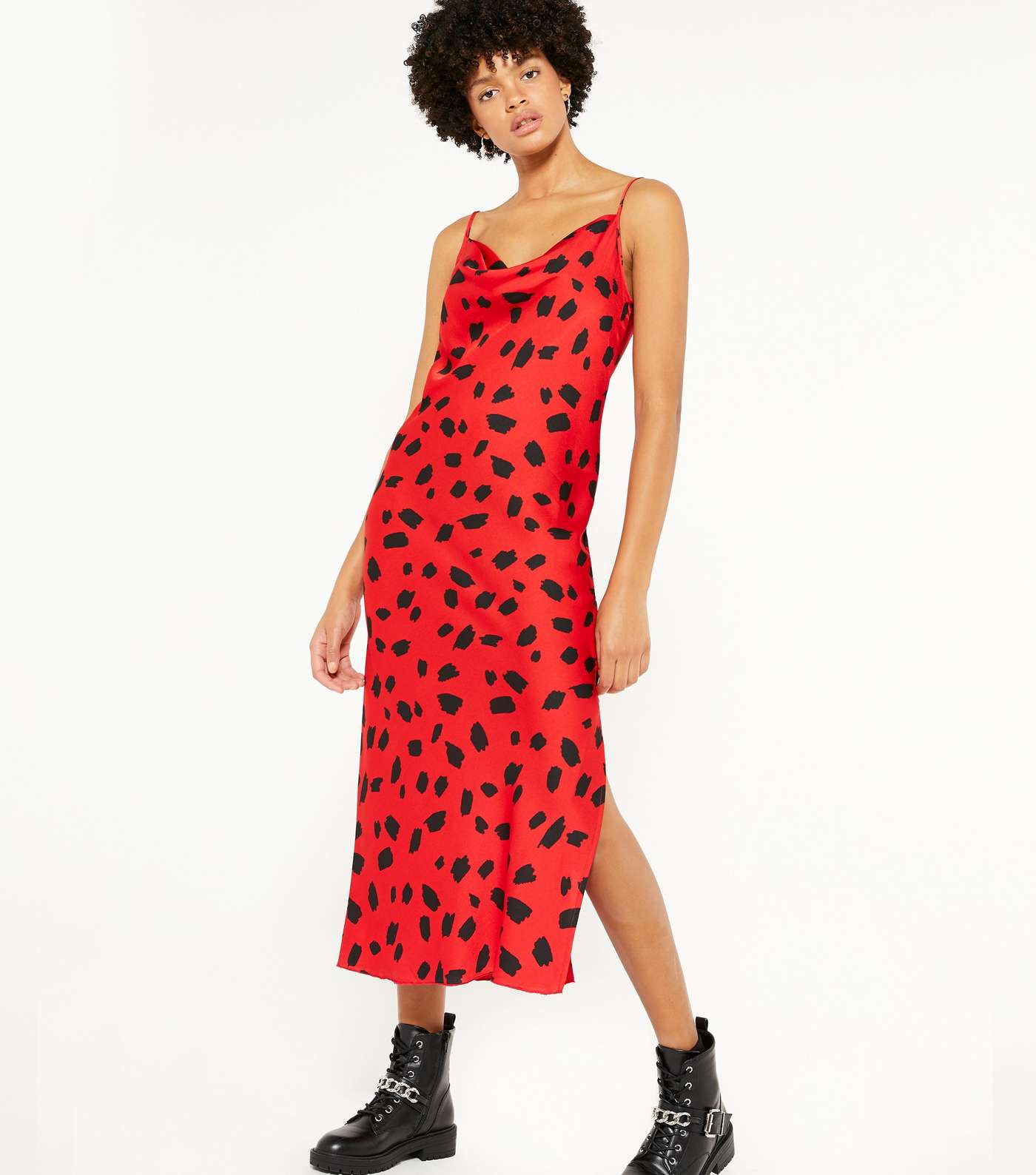 Red Spot Satin Cowl Neck Midi Slip Dress  Image 2