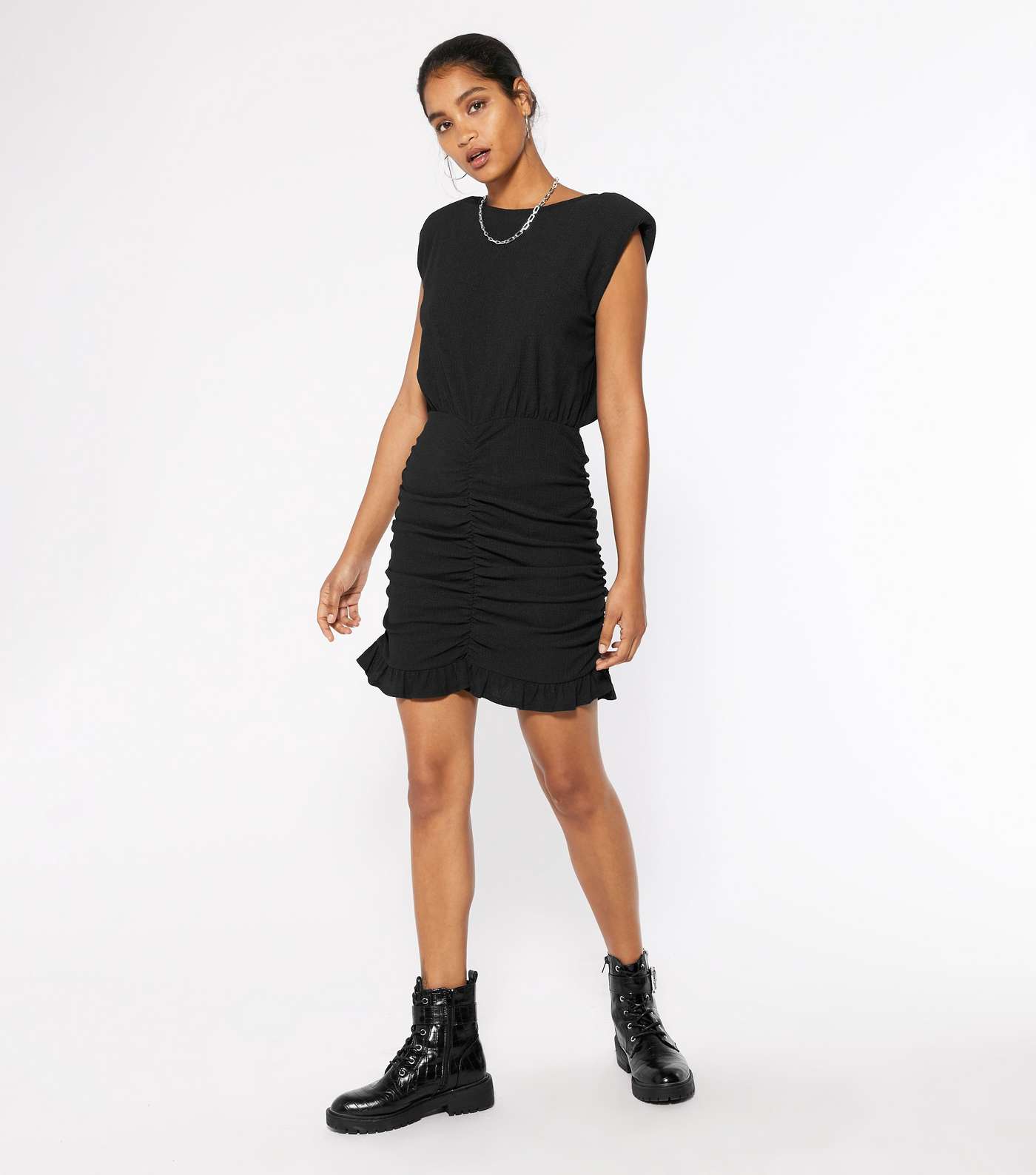 Black Sleeveless Shoulder Pad Ruched Dress 