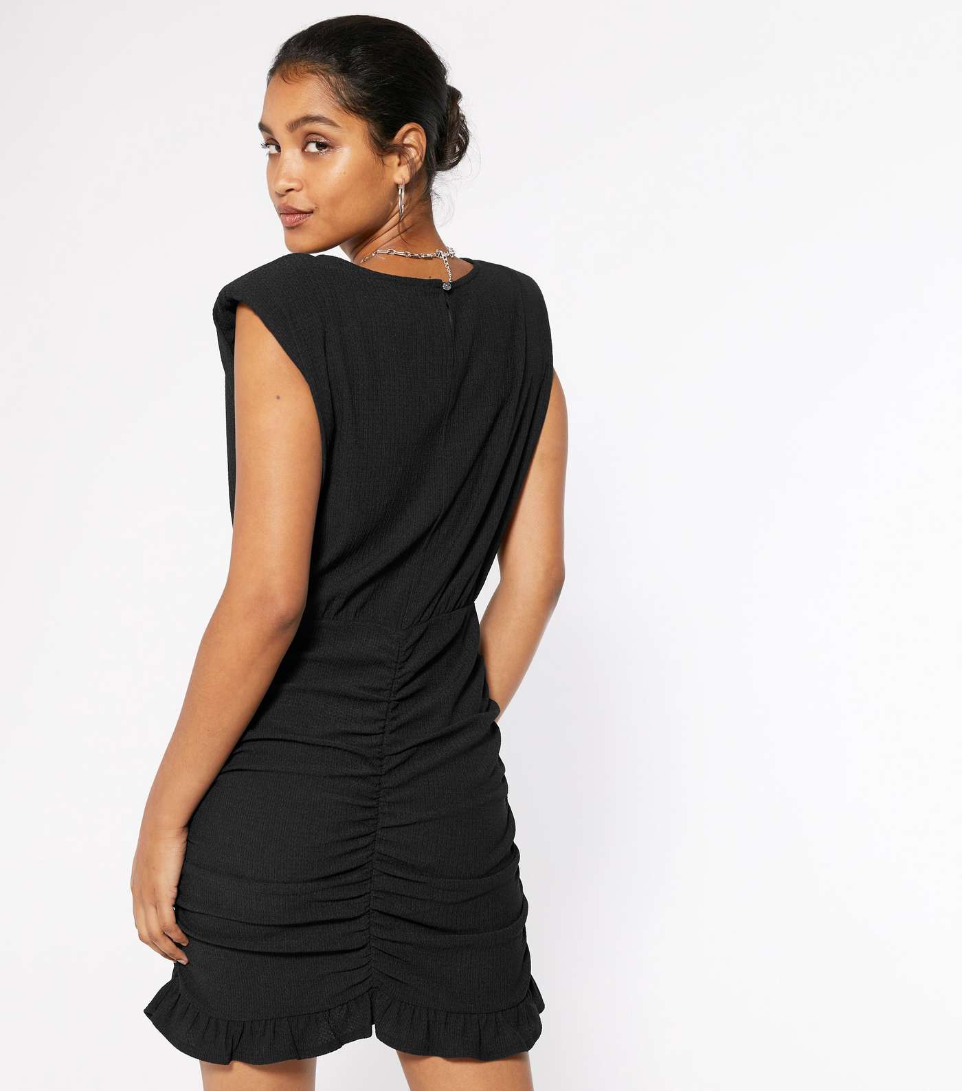 Black Sleeveless Shoulder Pad Ruched Dress  Image 3