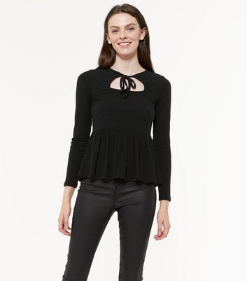 Image of Black Tie Cut Out Ribbed Peplum Top New Look