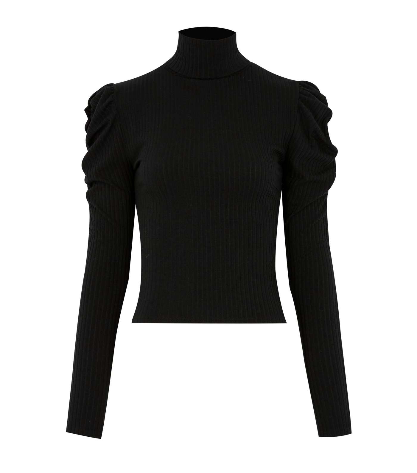 Black High Neck Puff Sleeve Ribbed Top Image 5