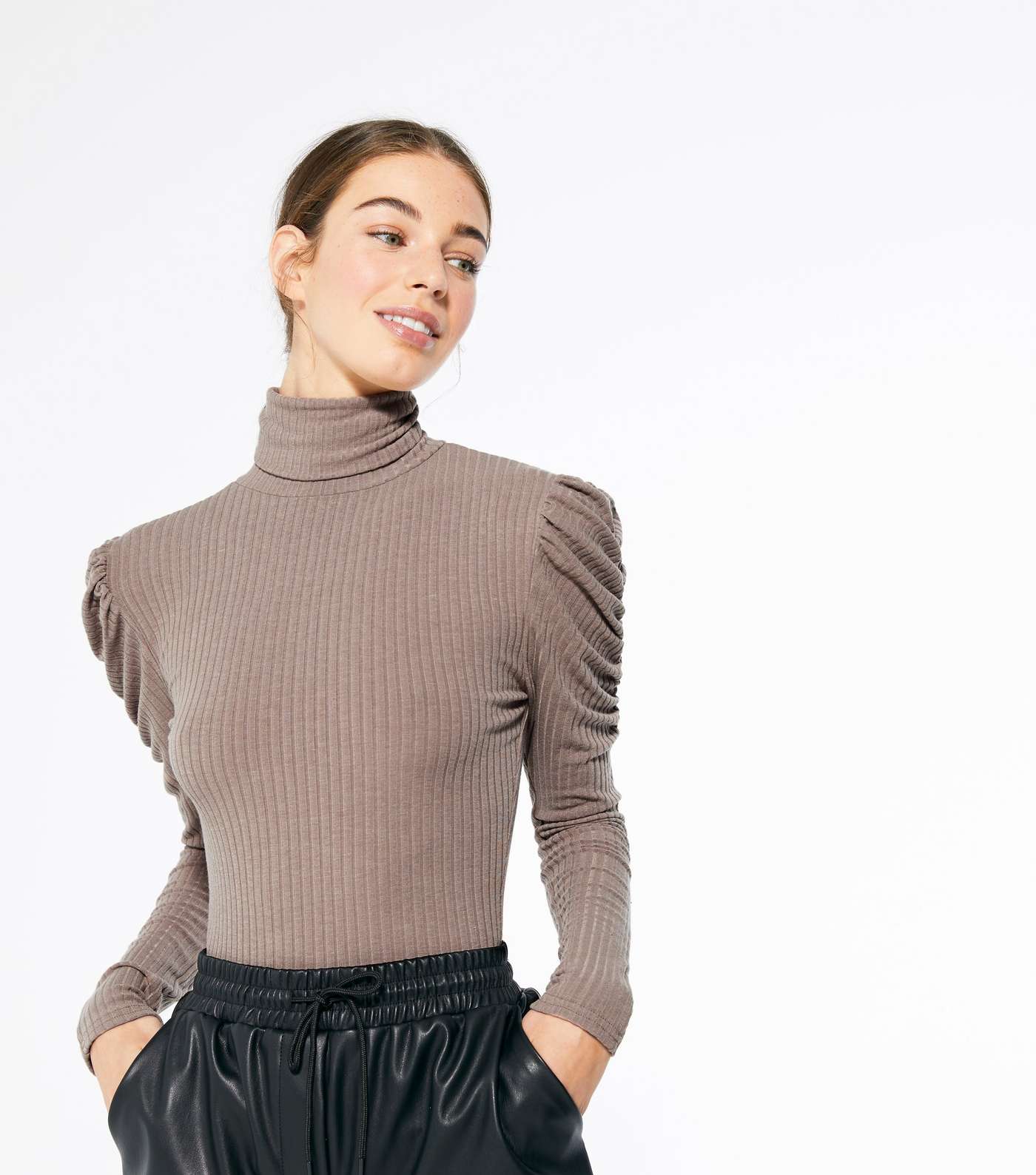 Mink High Neck Puff Sleeve Ribbed Top
