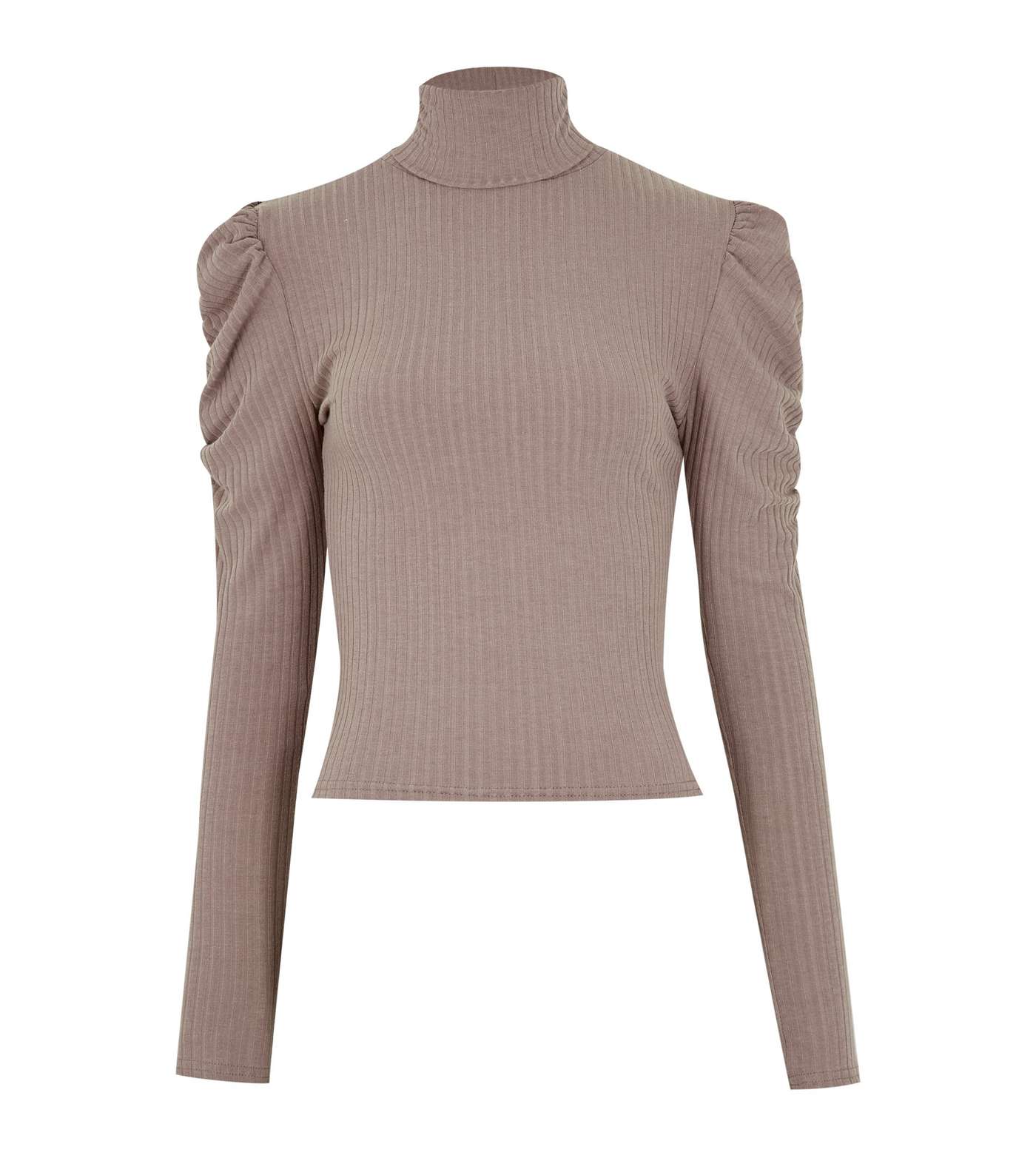 Mink High Neck Puff Sleeve Ribbed Top Image 5