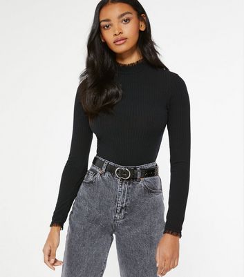 Image of Black Ribbed Mesh Trim High Neck Top New Look