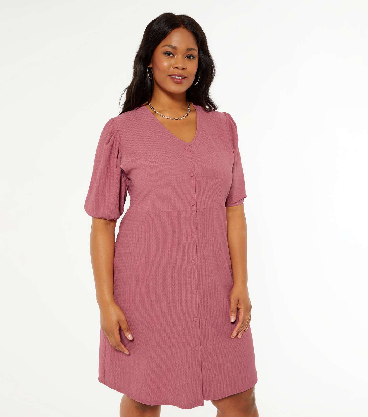 Curves Mid Pink Button Front Mini Dress