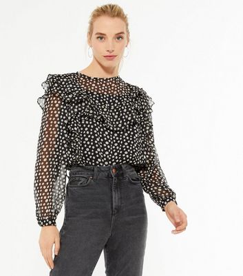 Black Chiffon Spot Ruffle Blouse | New Look