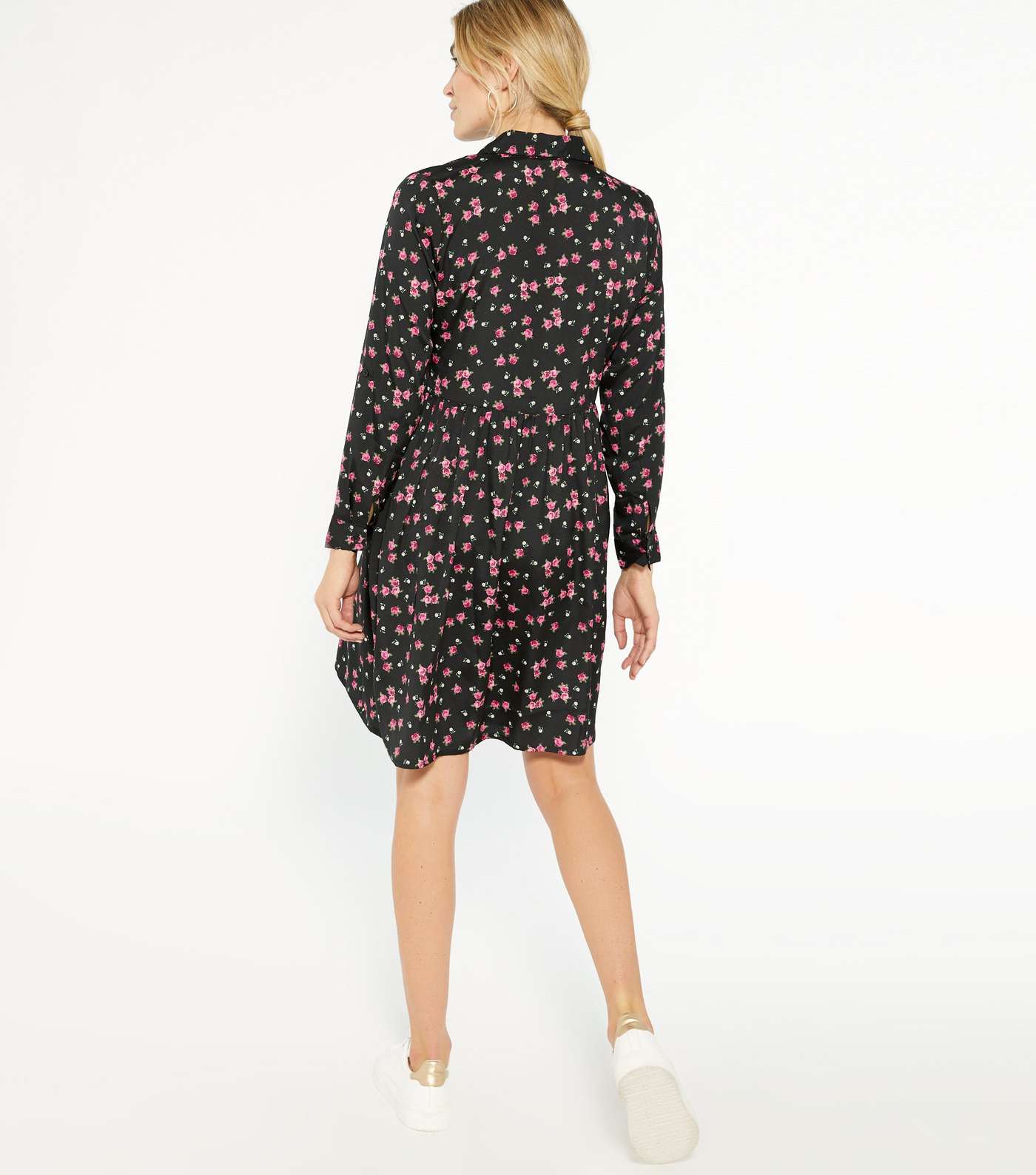 Maternity Black Floral Pleated Shirt Dress Image 3