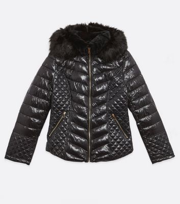 Black Leather-Look Fitted Puffer Coat 