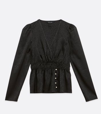 Image of Black Leopard Jacquard Satin Wrap Top New Look