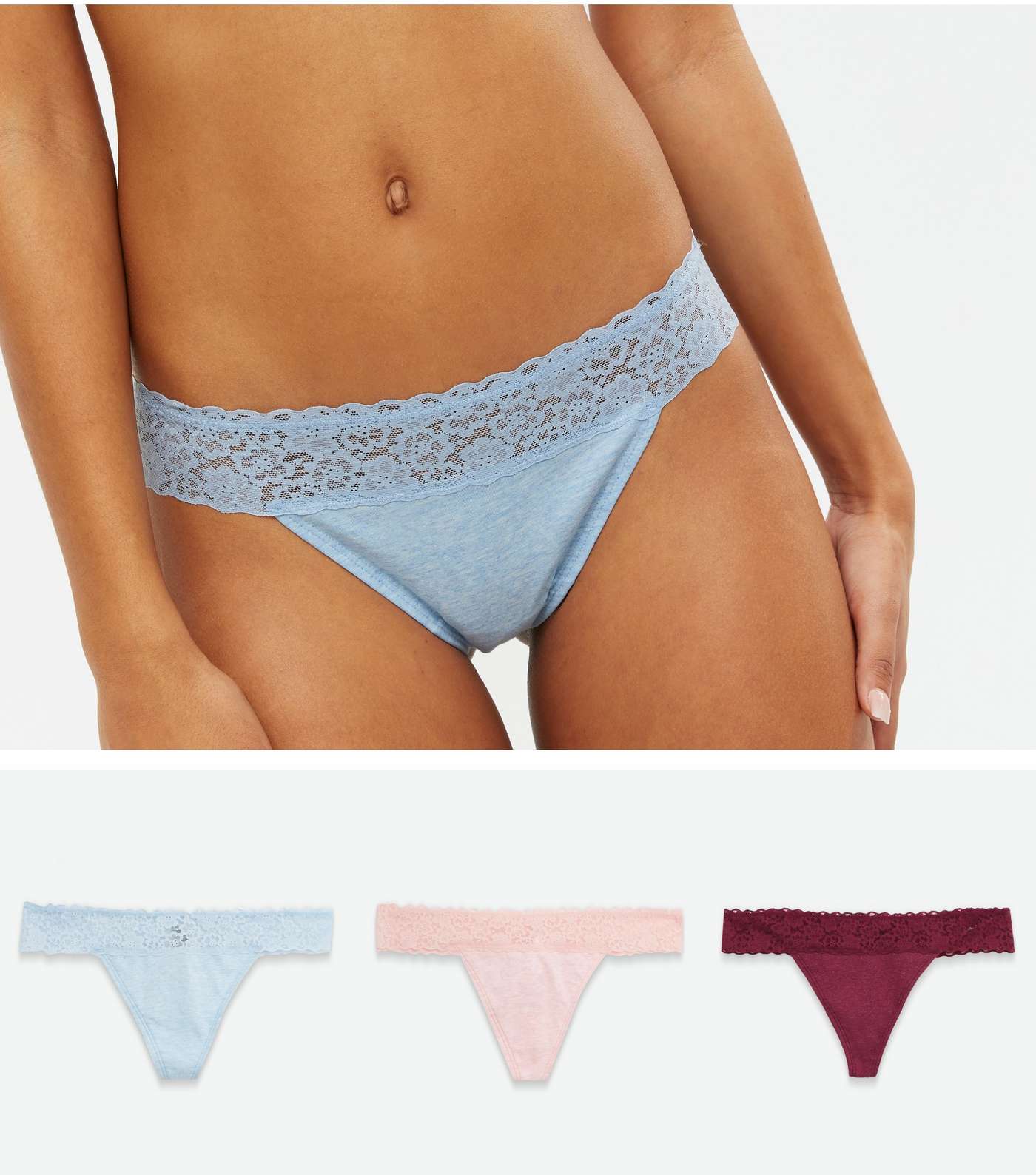 3 Pack Plum Pink and Blue Lace Waist Thongs