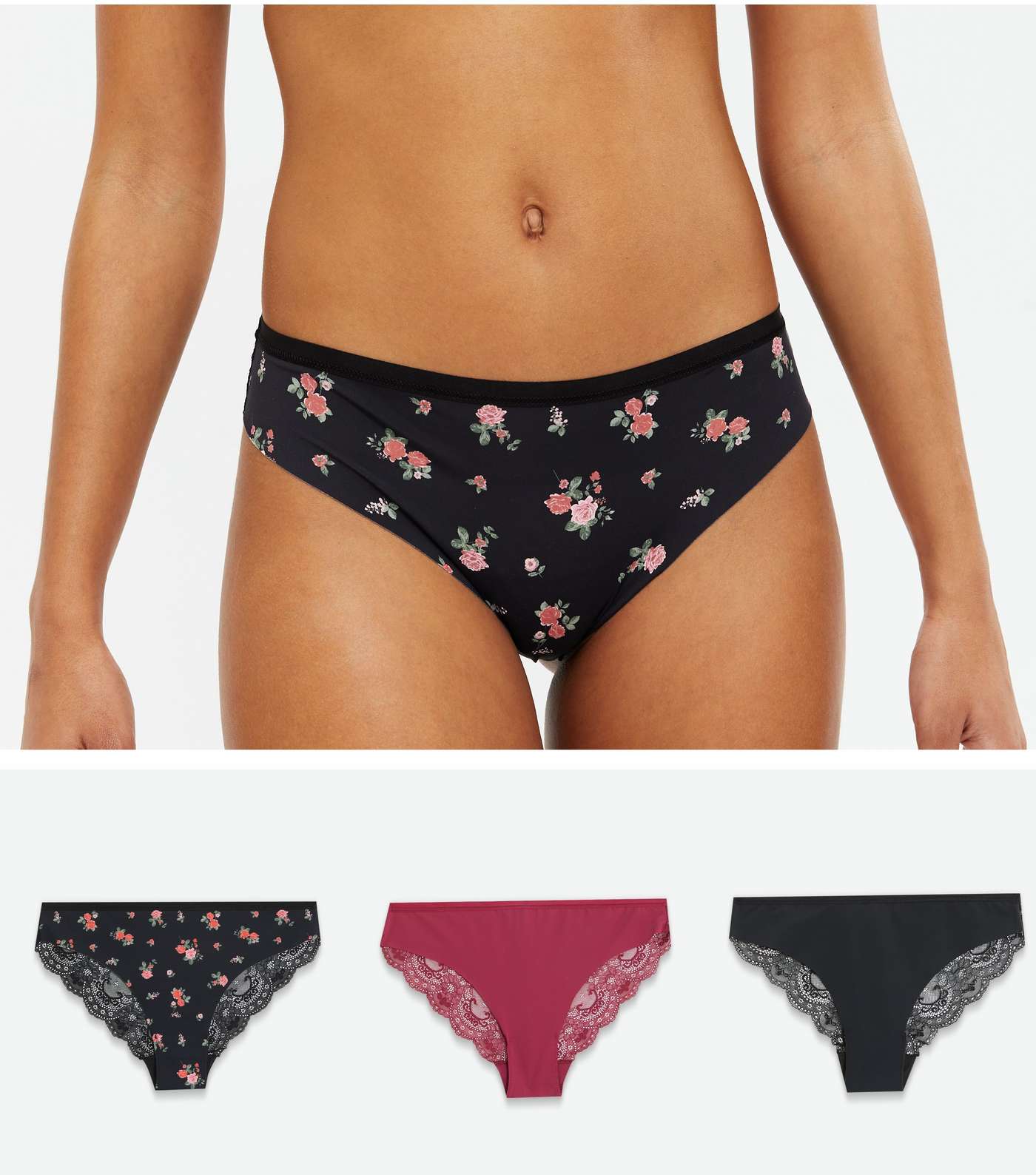 3 Pack Mid Pink and Black Floral Lace Seamless Brazilian Briefs