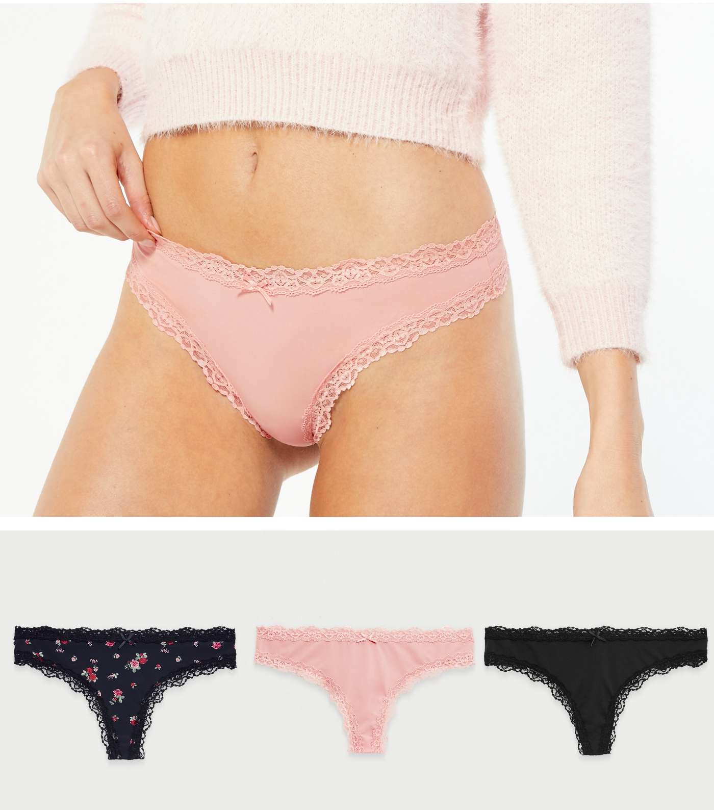 3 Pack Pink and Black Ditsy Floral Lace Thongs