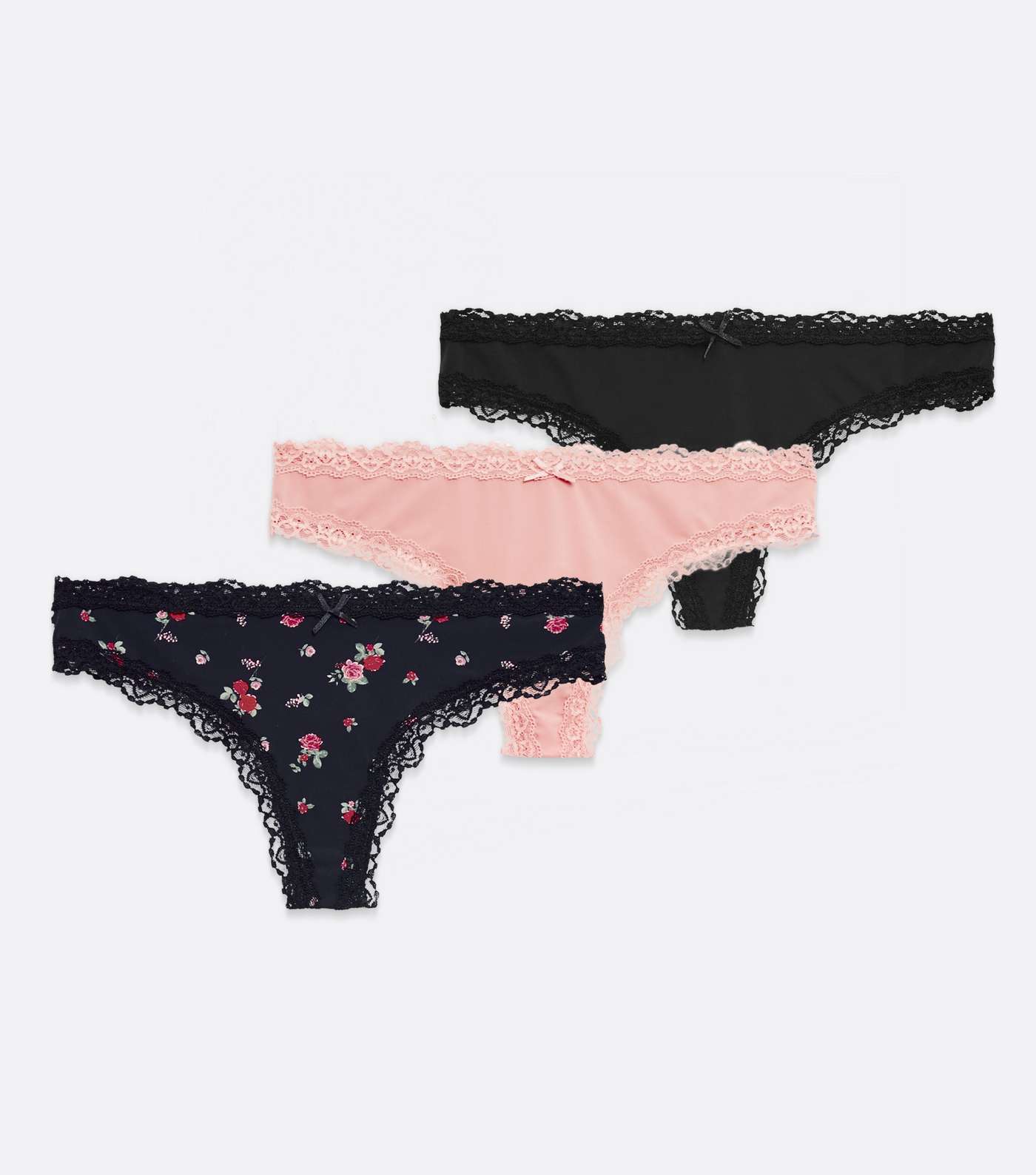 3 Pack Pink and Black Ditsy Floral Lace Thongs Image 5
