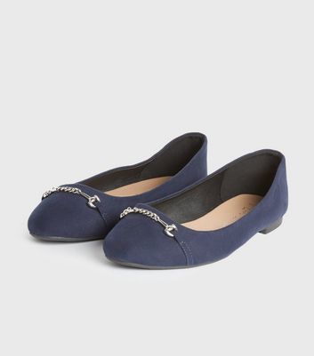 Image of Wide Fit Navy Suedette Bar Chain Ballet Pumps New Look Vegan