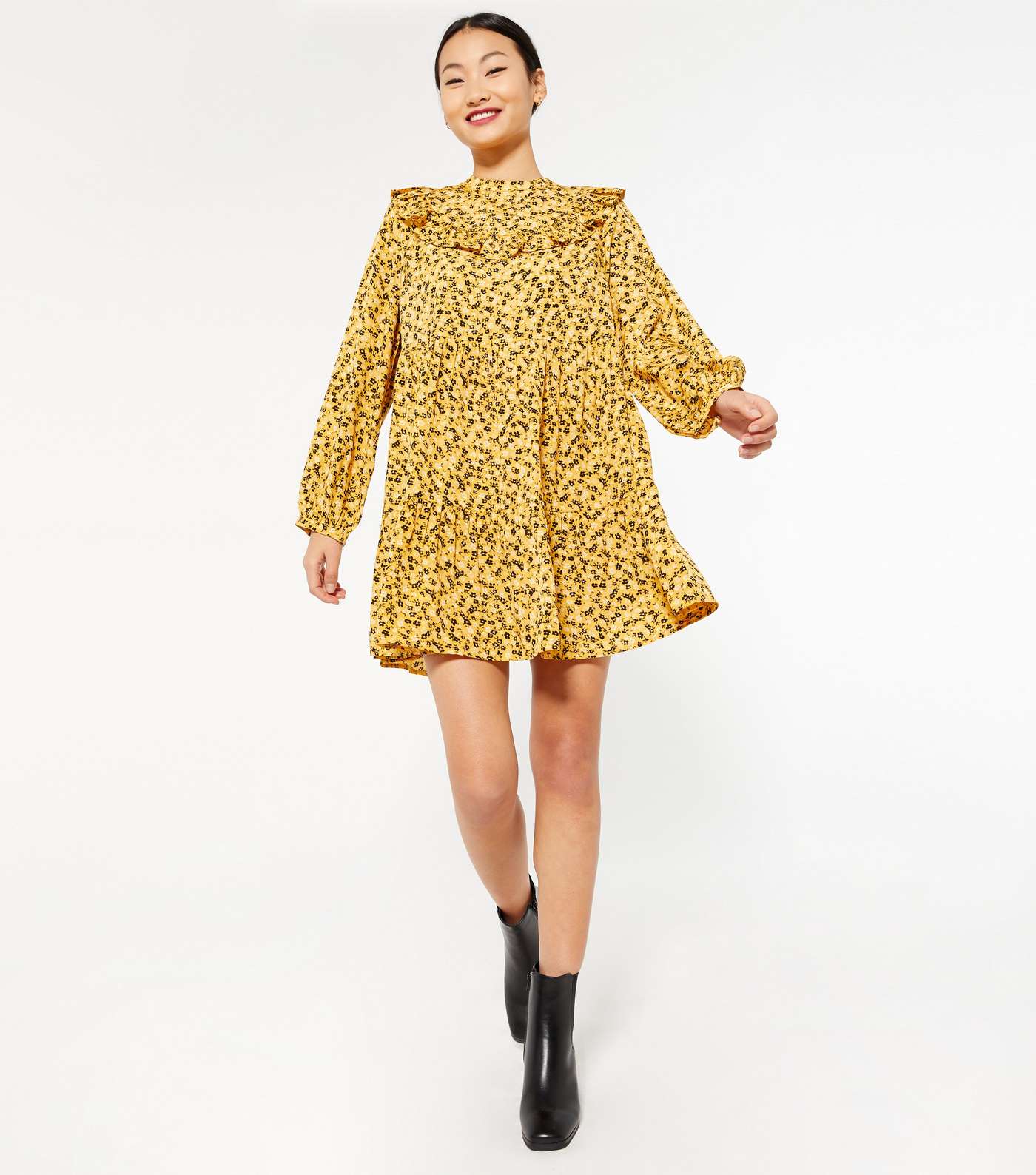 Petite Yellow Ditsy Floral Frill Smock Dress Image 2