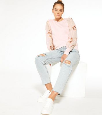 Image of Cameo Rose Pale Pink Broderie Puff Sleeve Jumper New Look