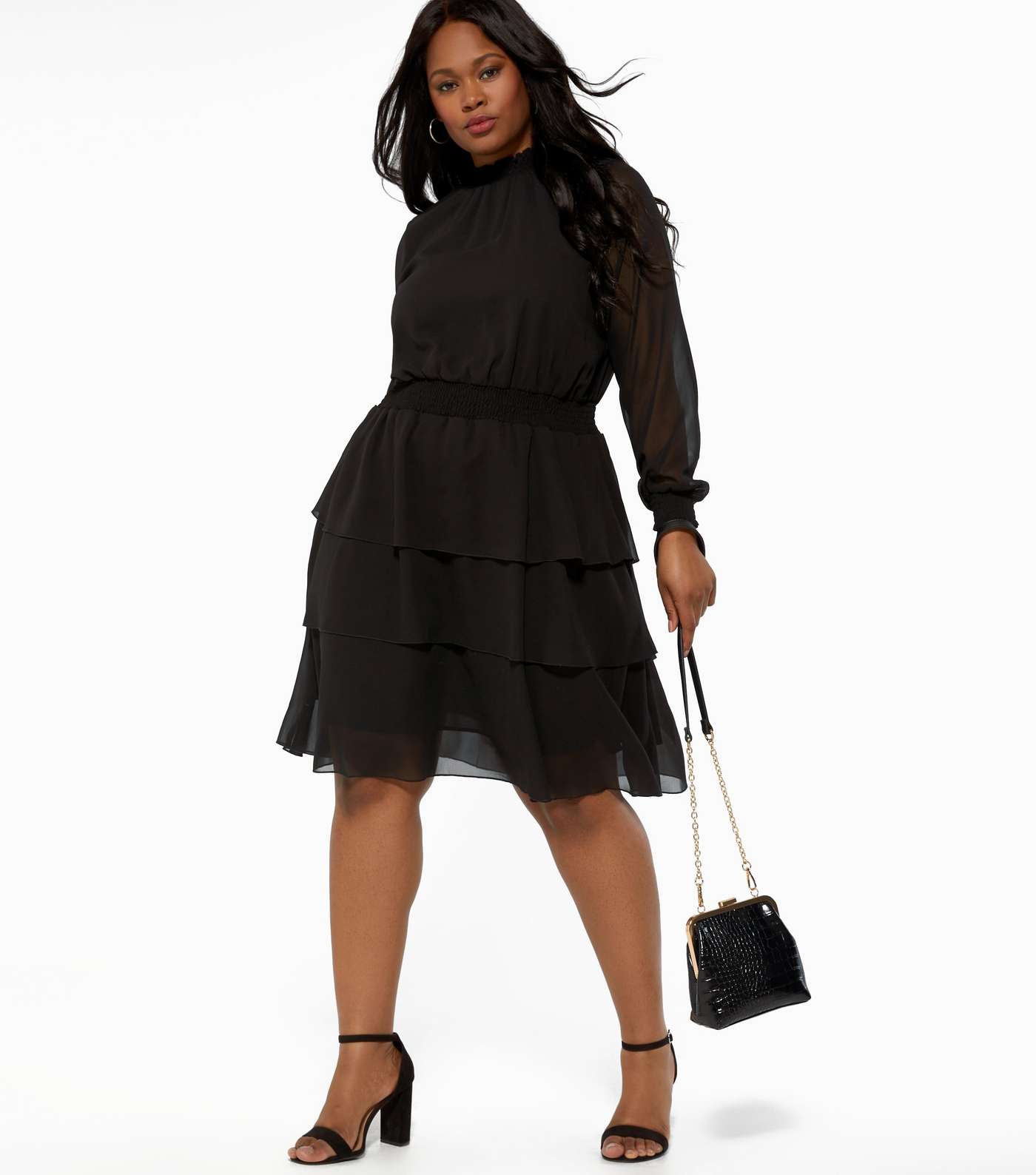 Curves Black Tiered Long Sleeve Dress Image 2