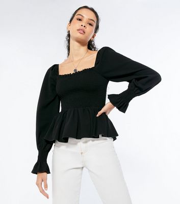 Black Long Sleeve Shirred Peplum Top | New Look