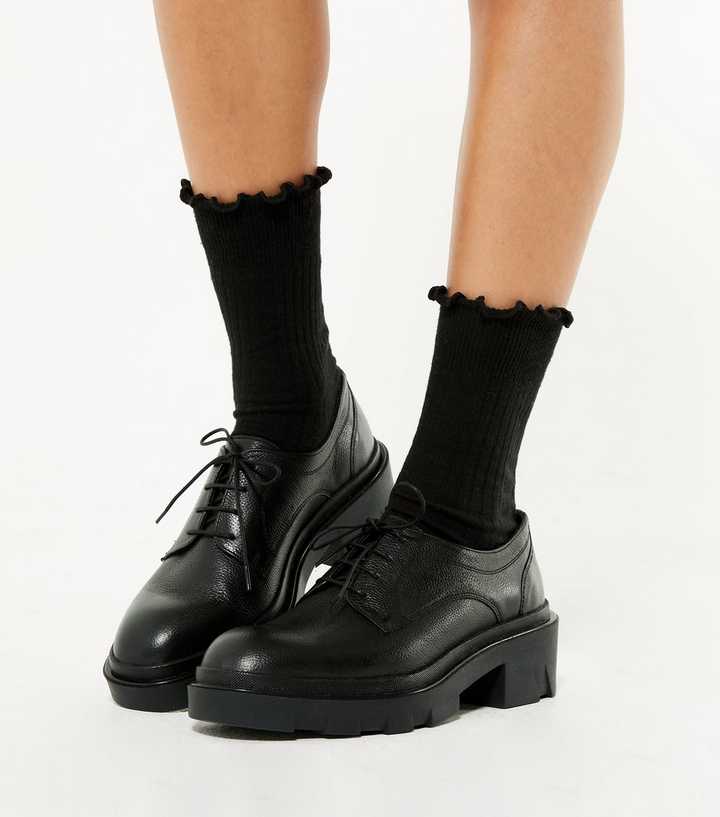 Black Leather Chunky Lace Up Shoes | New Look