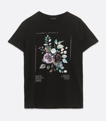 Black Painted Floral Slogan T-Shirt 