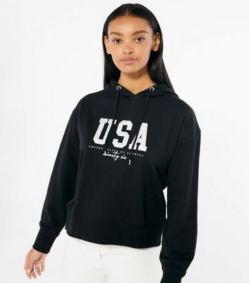 Black USA Applique Logo Hoodie New Look