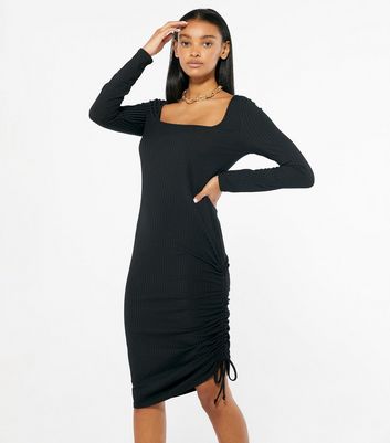 square neck ruched midi dress