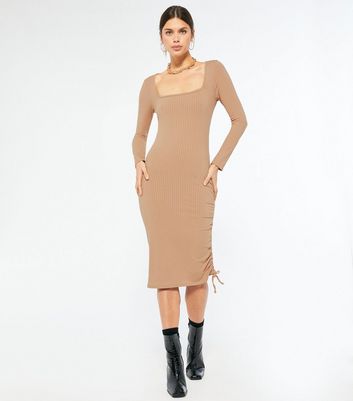 square neck ruched midi dress