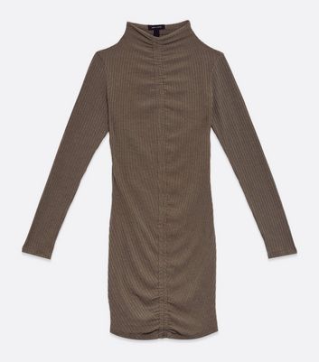 Image of Khaki Ribbed Ruched Mini Dress New Look