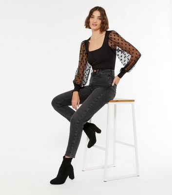 Image of Black Spot Mesh Long Puff Sleeve Top New Look