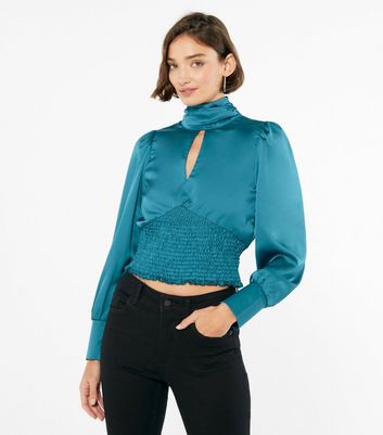 Teal Satin High Neck Shirred Waist Top 