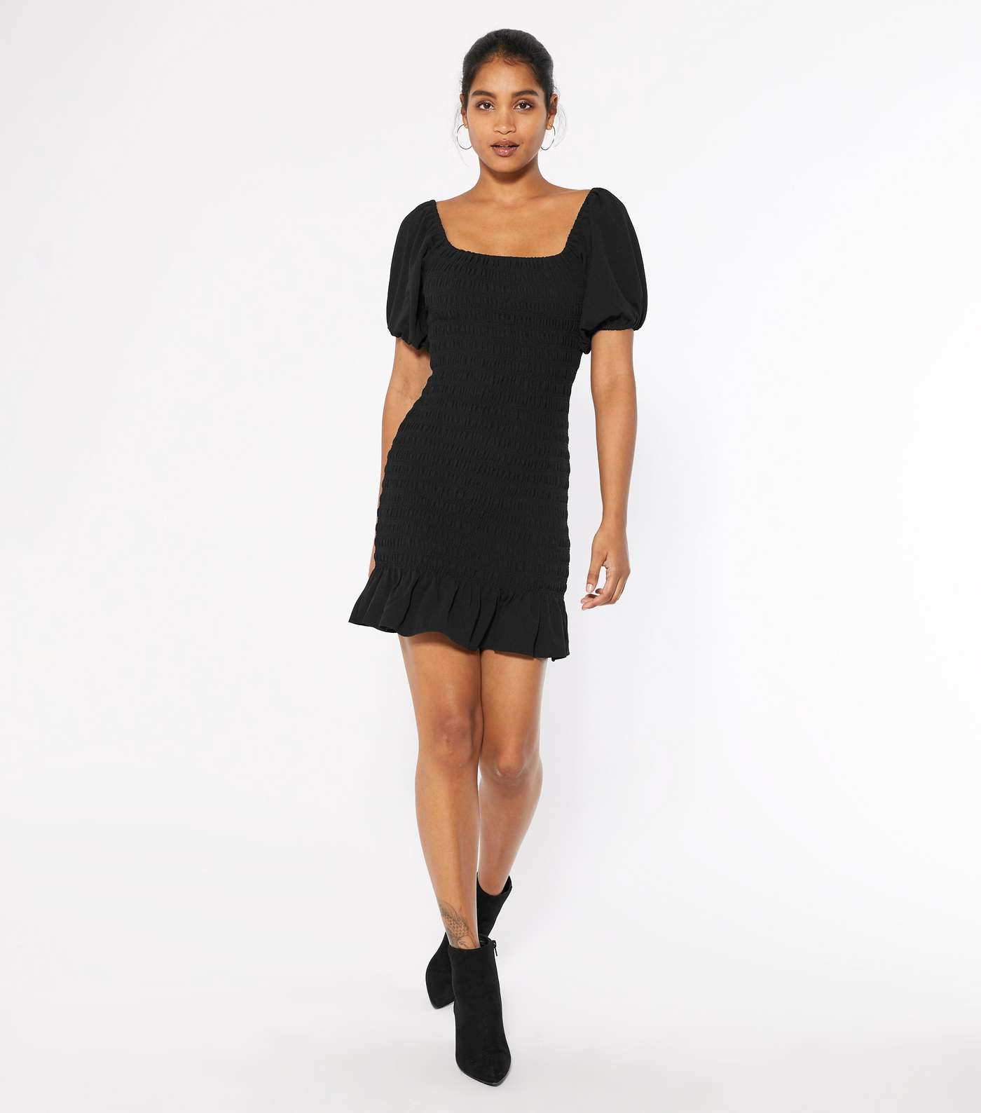 Black Shirred Bardot Mini Dress