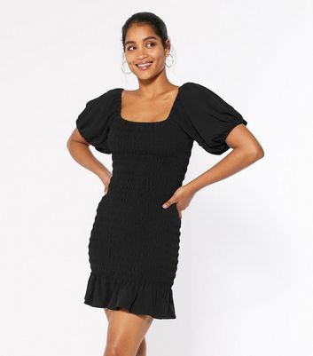 black shirred bardot dress