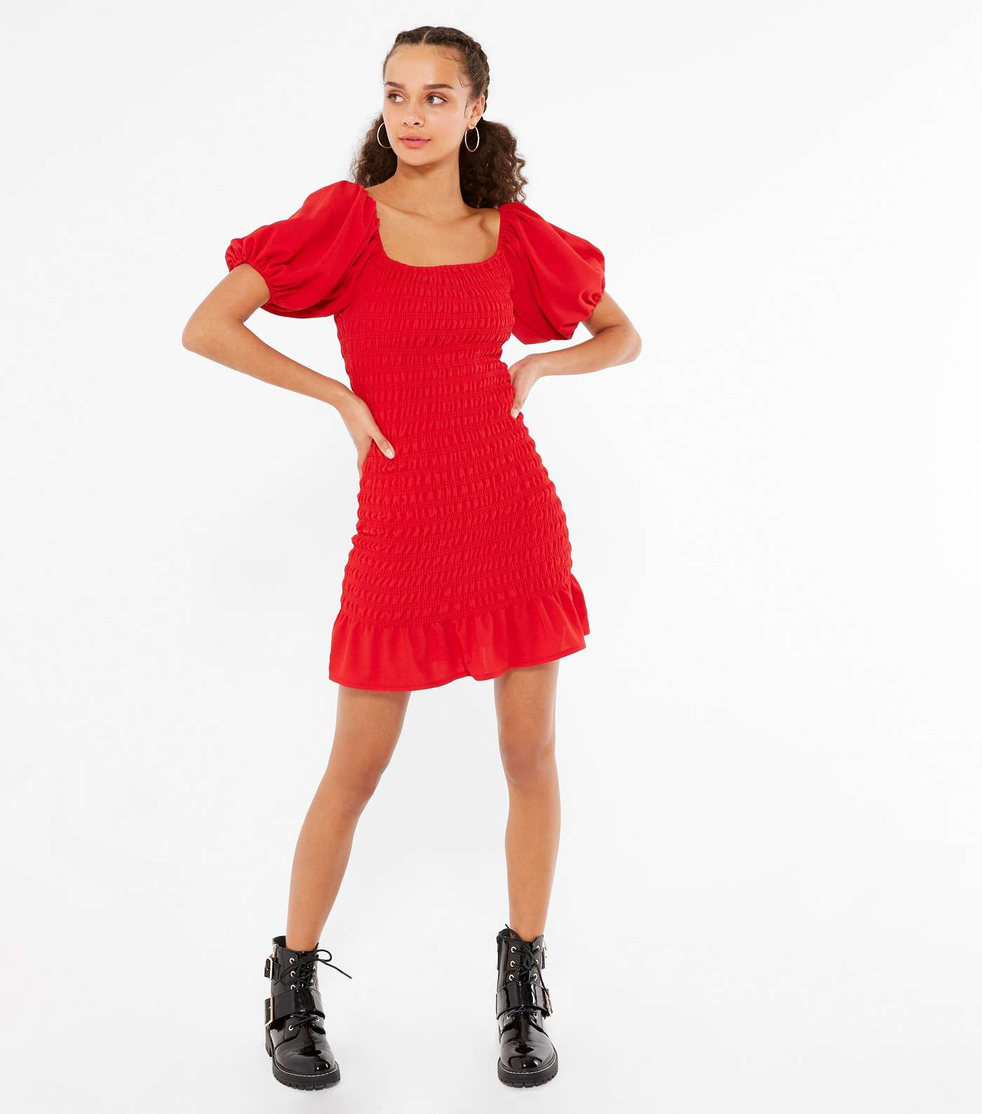 Red Shirred Bardot Mini Dress Image 2