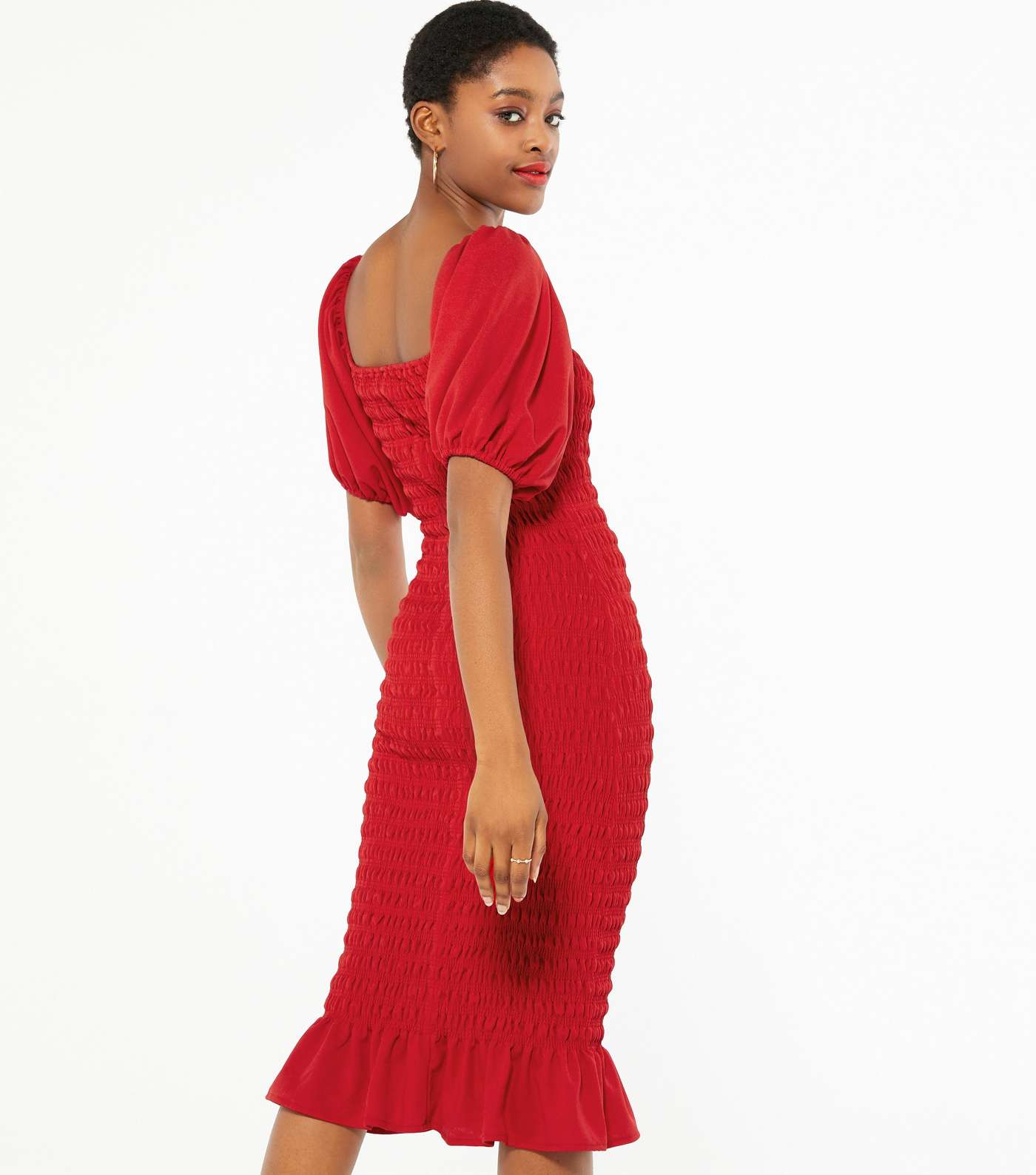 Red Shirred Puff Sleeve Midi Dress Image 3