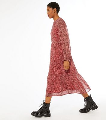 Red Ditsy Floral Long Sleeve Midi Dress 